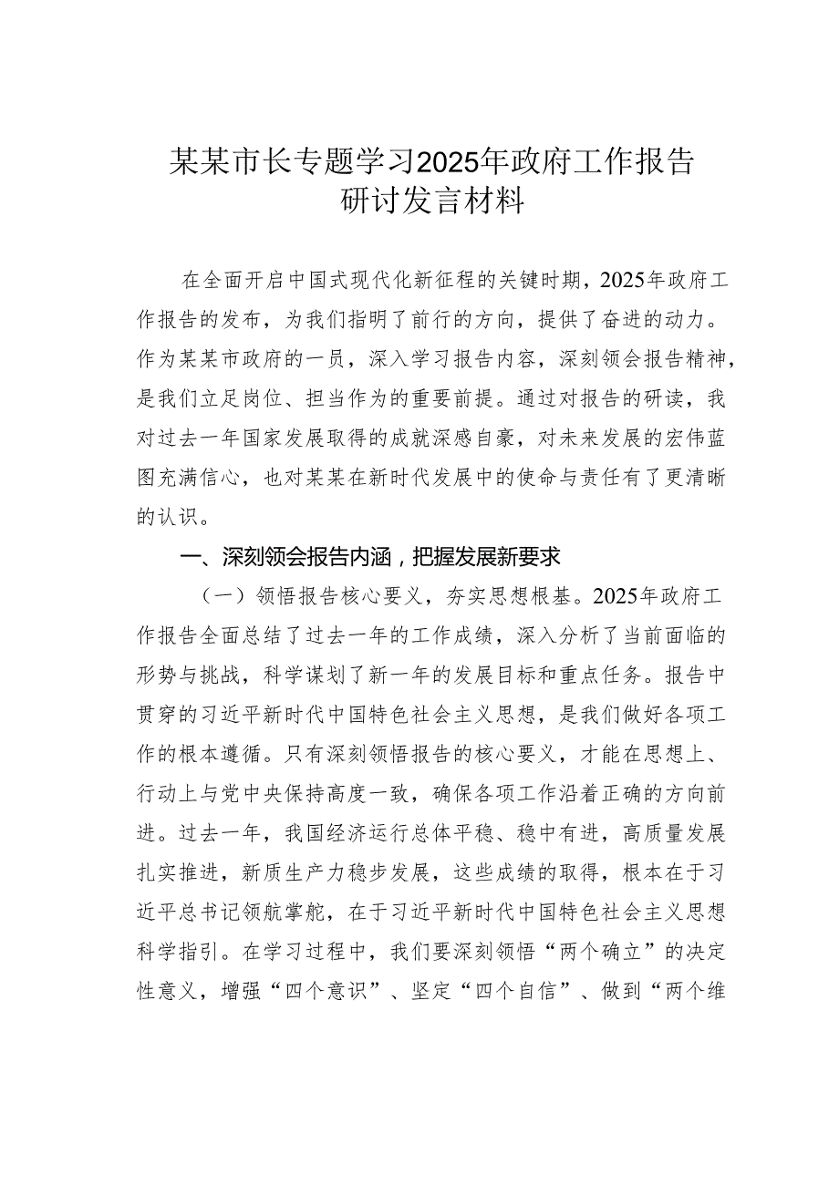 某某市长专题学习2025年政府工作报告研讨发言材料.docx_第1页