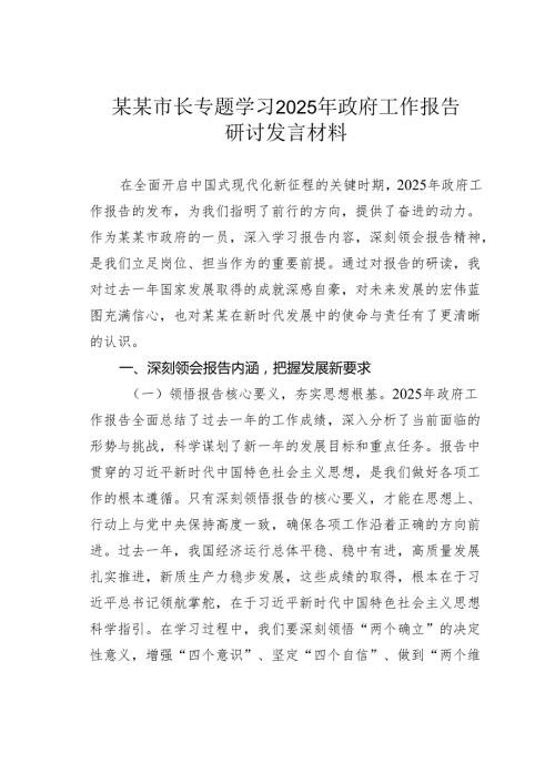 某某市长专题学习2025年政府工作报告研讨发言材料.docx
