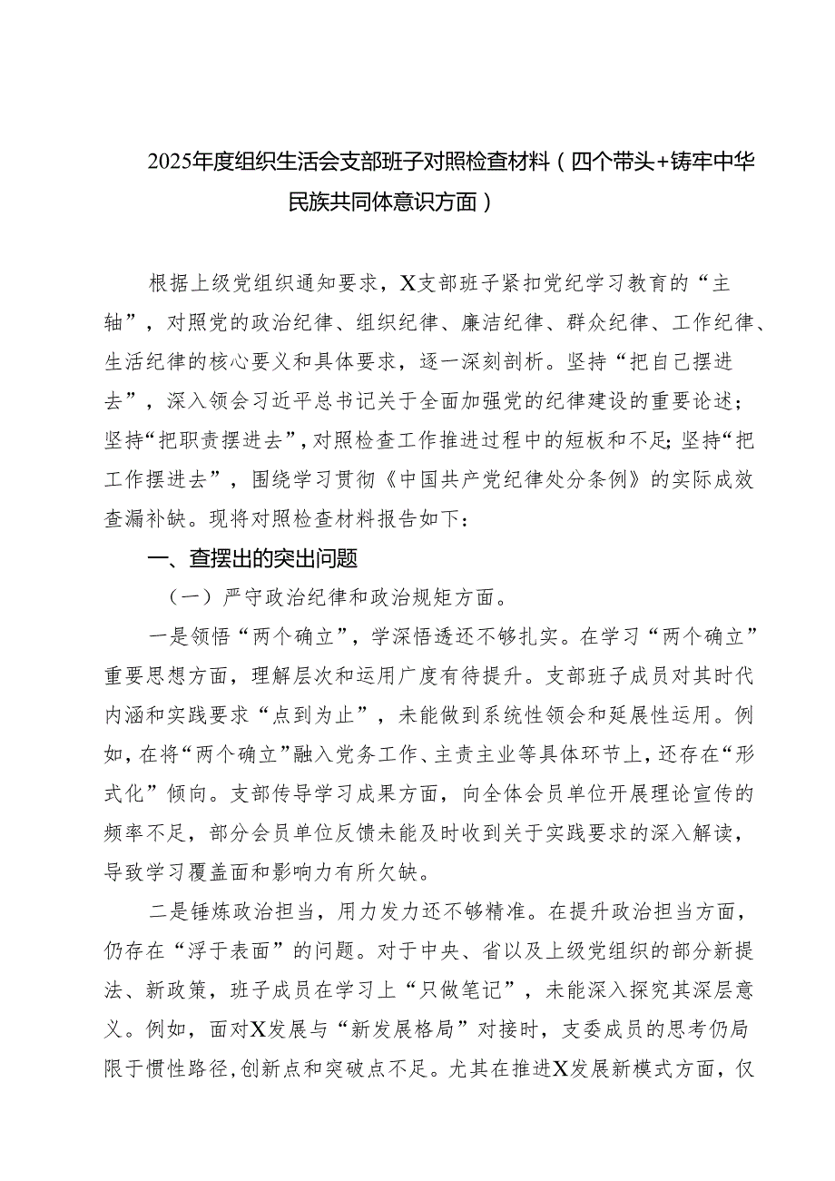 8篇 2025组织生活会支部班子对照检查材料（四个带头铸牢中华民族共同体意识方面）范文.docx_第1页