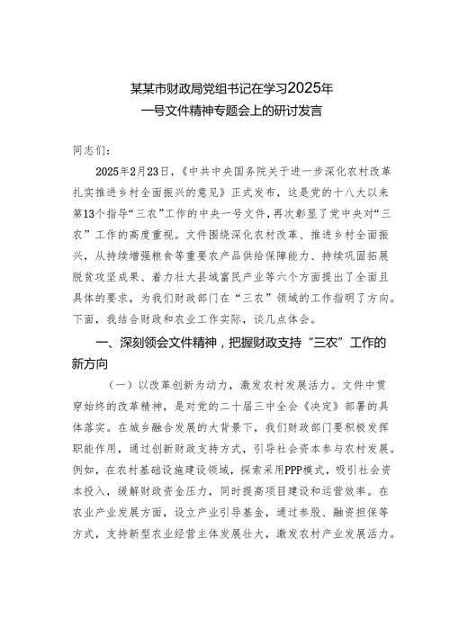 某某市财政局党组书记在学习2025年一号文件精神专题会上的研讨发言.docx