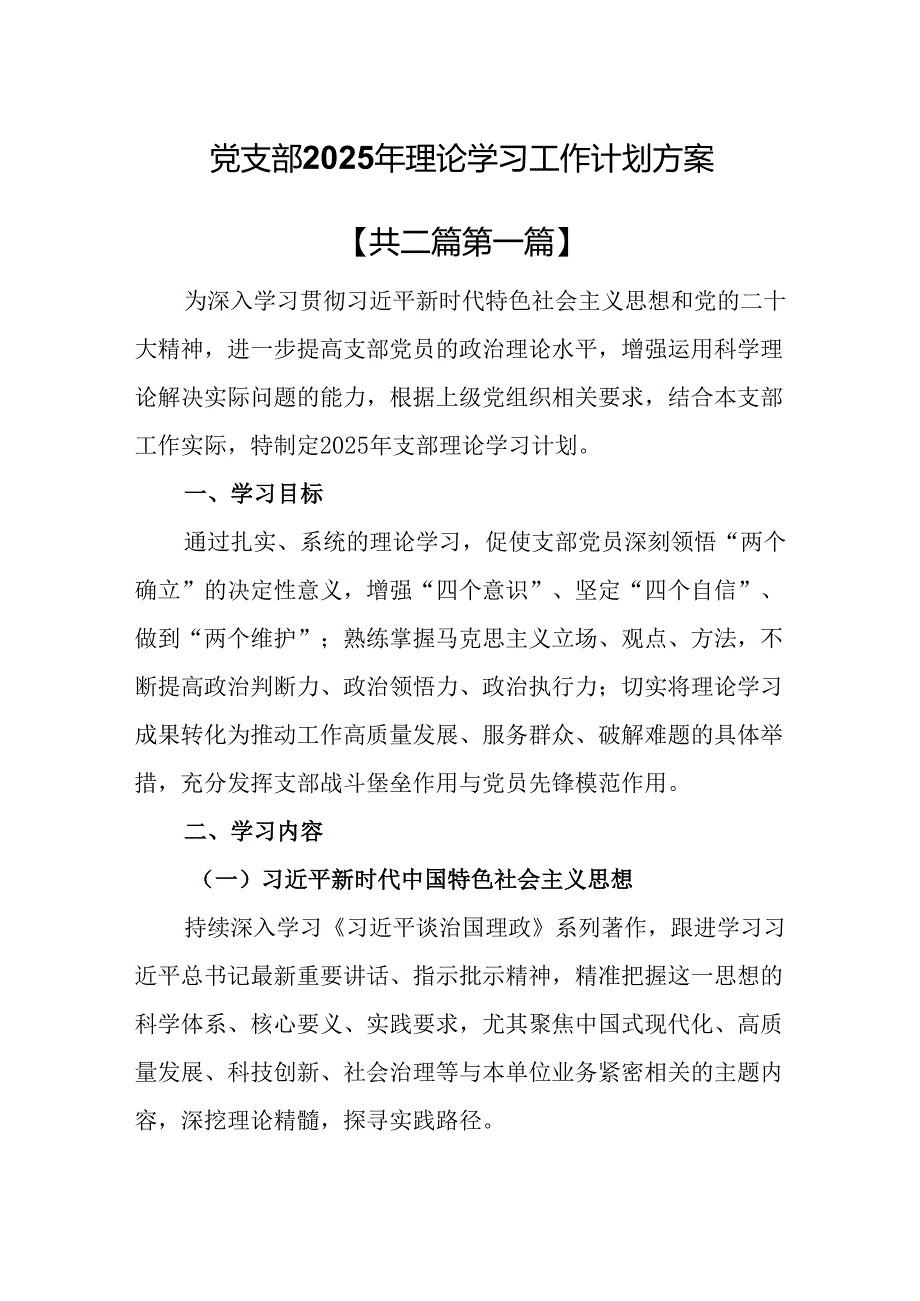 （2篇）党支部2025年理论学习工作计划方案.docx_第1页