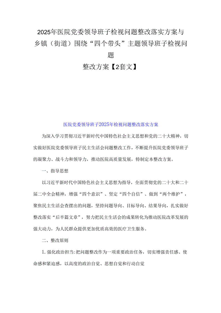 2025年医院党委领导班子检视问题整改落实方案与乡镇(街道)围绕“四个带头”主题领导班子检视问题整改方案【2套文】.docx_第1页