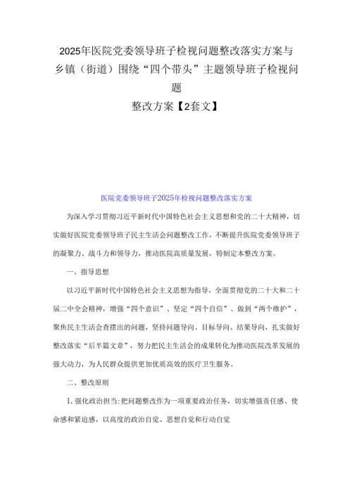 2025年医院党委领导班子检视问题整改落实方案与乡镇(街道)围绕“四个带头”主题领导班子检视问题整改方案【2套文】.docx