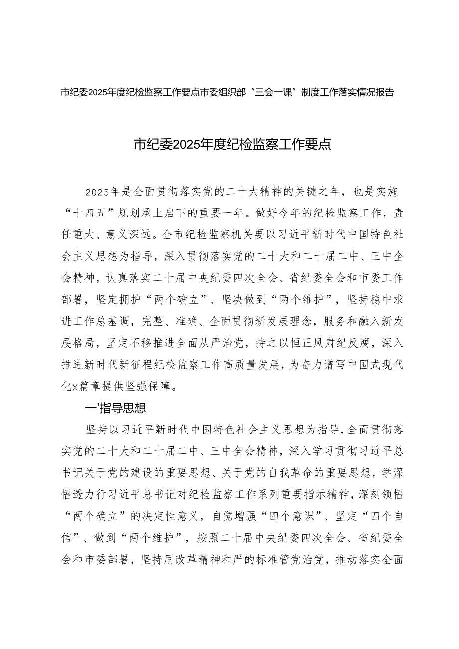 纪委2025纪检监察工作要点+市委组织部“三会一课”制度工作落实情况报告.docx_第1页