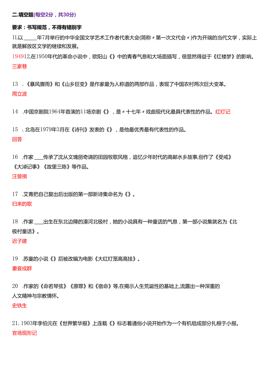 2023年1月国家开放大学汉语言文学本科《中国当代文学专题》期末纸质考试试题及答案.docx_第3页