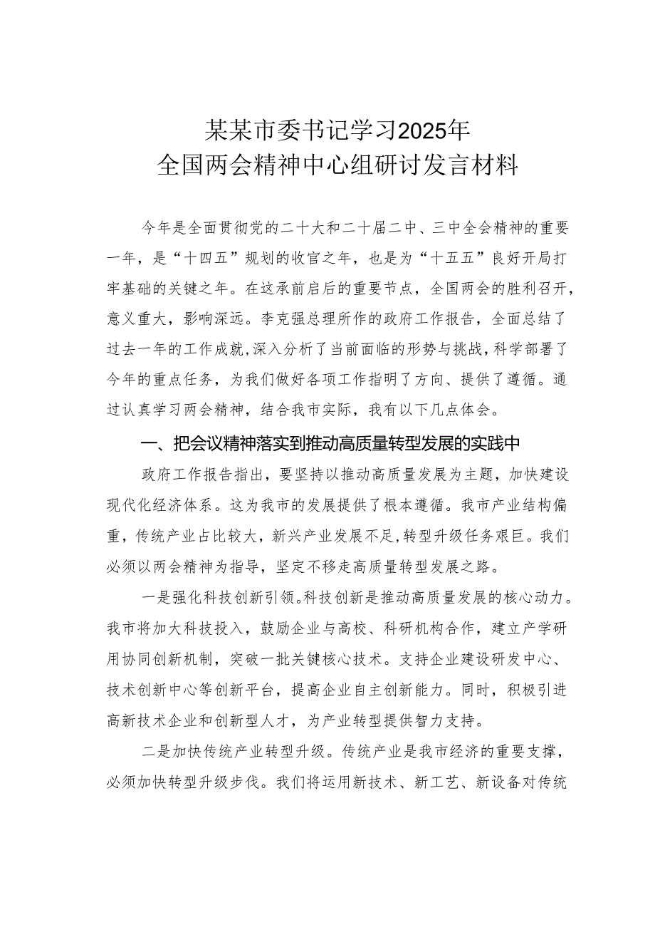 某某市委书记学习2025年全国两会精神中心组研讨发言材料.docx_第1页