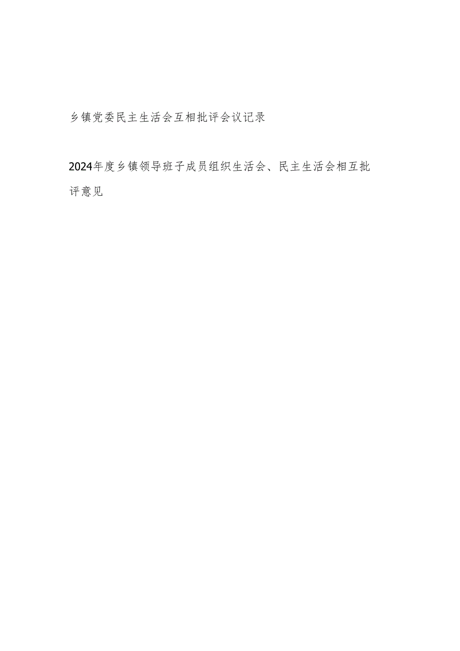 2025年乡镇党委领导班子成员民主生活会、组织生活会互相批评会议记录2份.docx_第1页