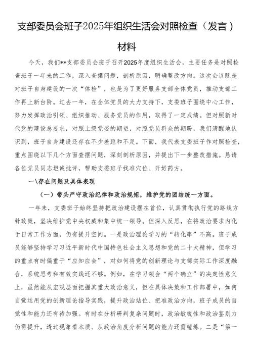 支部委员会班子2025年组织生活会对照检查（发言）材料(1).docx