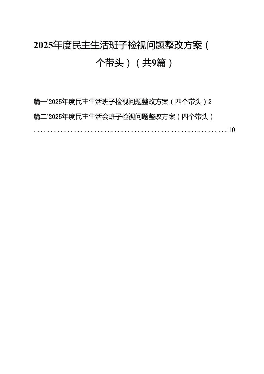 2025民主生活班子检视问题整改方案（四个带头）（共9篇）.docx_第1页