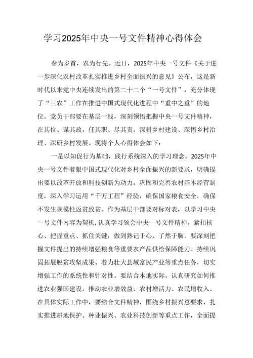 学习2025年中央一号文件精神心得体会 （汇编4份）.docx