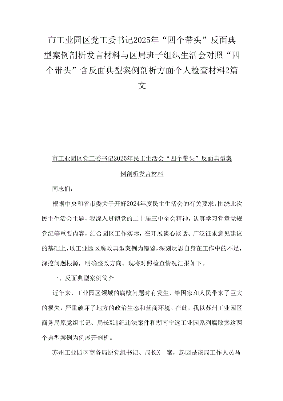 市工业园区党工委书记2025年“四个带头”反面典型案例剖析发言材料与区局班子组织生活会对照“四个带头”含反面典型案例剖析方面个人检查材料2篇文.docx_第1页