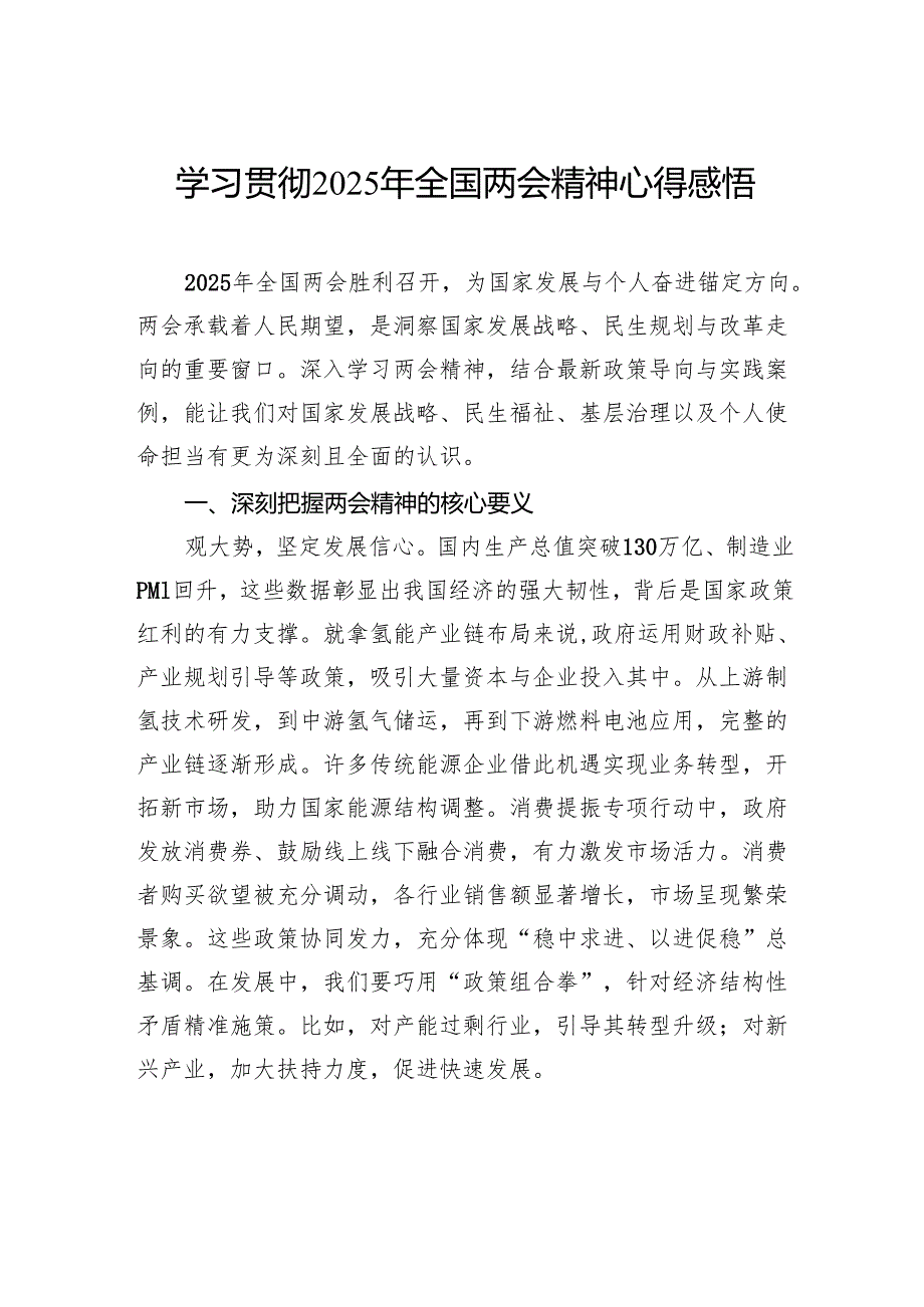 学习贯彻2025年全国两会精神心得感悟.docx_第1页