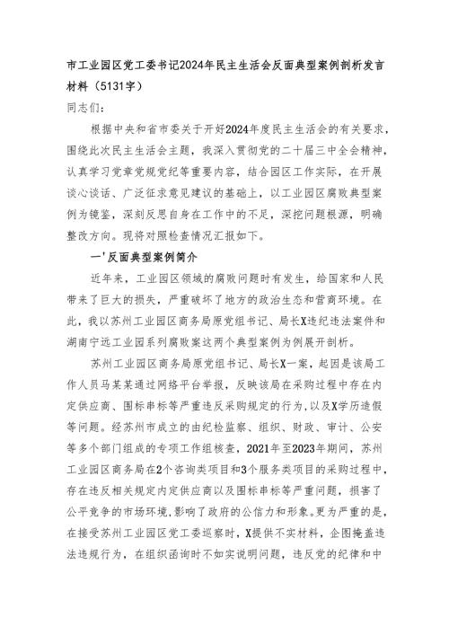 市工业园区党工委书记2024年民主生活会反面典型案例剖析发言材料（5131字）.docx