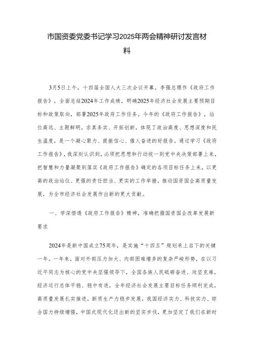 市国资委党委书记学习2025年两会精神研讨发言材料.docx