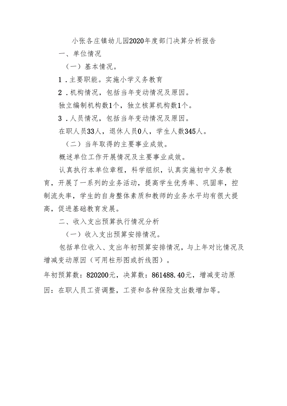 小张各庄镇幼儿园2020部门决算分析报告.docx_第1页