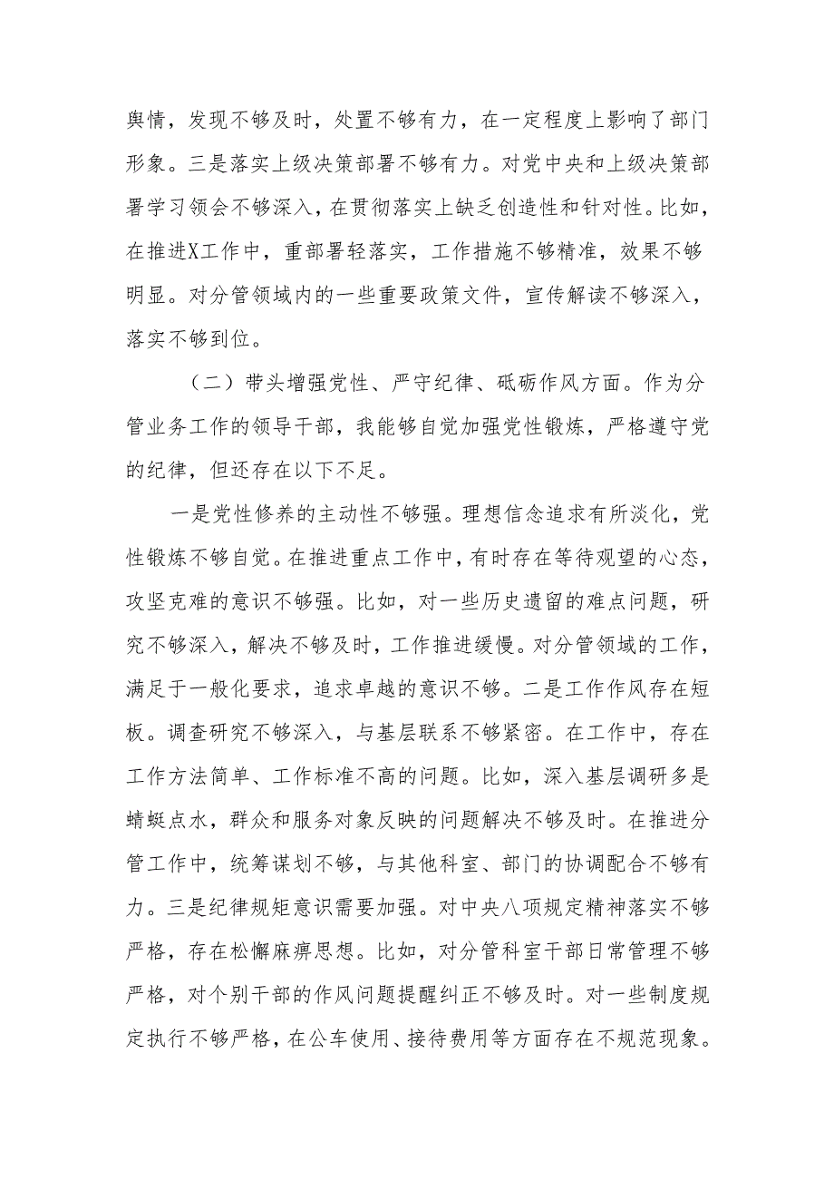 最新部门副职2024民主生活个人检查材料（四个带头）可编辑文档.docx_第2页