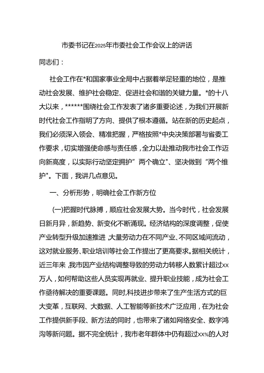 市委书记在2025年市委社会工作会议上的讲话.docx_第1页