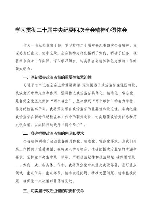 纪检监察干部学习贯彻二十中央纪委四次全会精神心得体会优秀范本14篇.docx