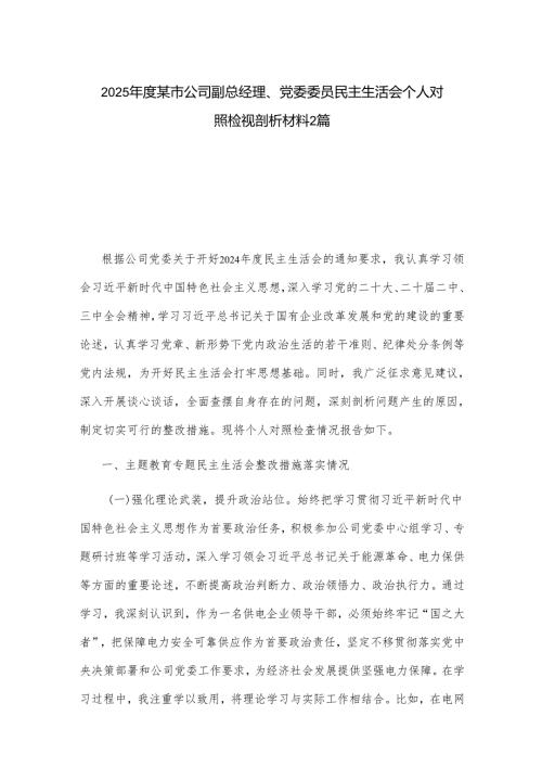 2025某市公司副总经理、党委委员民主生活会个人对照检视剖析材料2篇.docx
