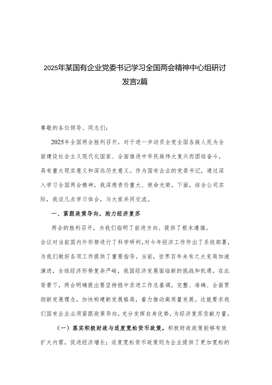 2025年某国有企业党委书记学习全国两会精神中心组研讨发言2篇.docx_第1页