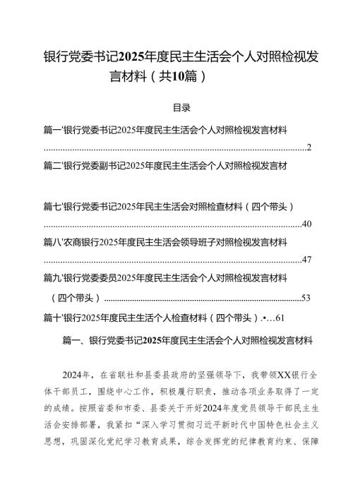 银行党委书记2025民主生活会个人对照检视发言材料10篇（精选版）.docx