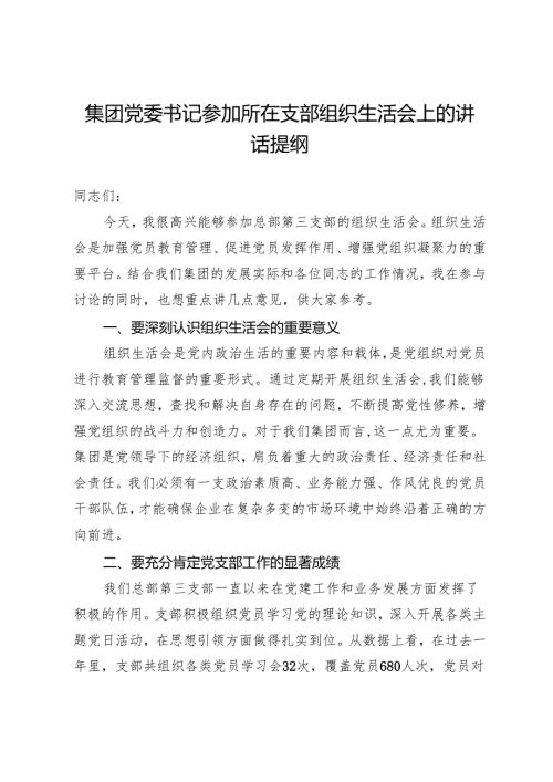 集团党委书记参加所在支部组织生活会上的讲话提纲.docx