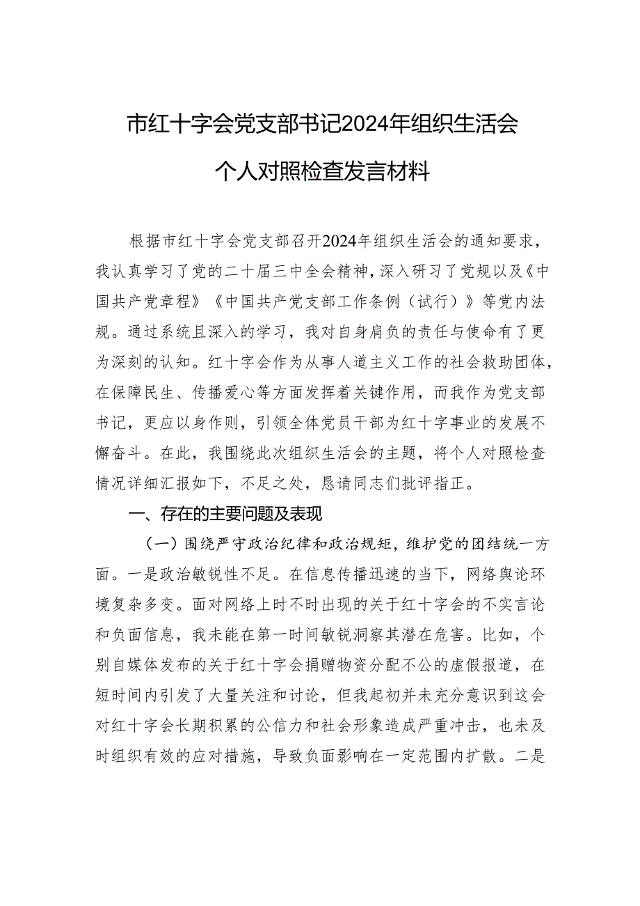 红十字会党支部书记2024组织生活个人检查发言材料.docx_第1页
