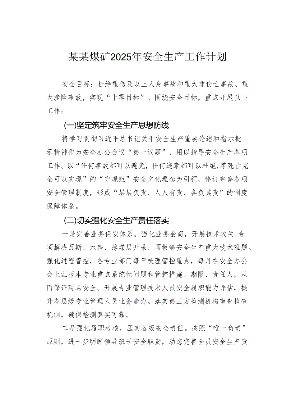 某某煤矿2025年安全生产工作计划.docx_第1页