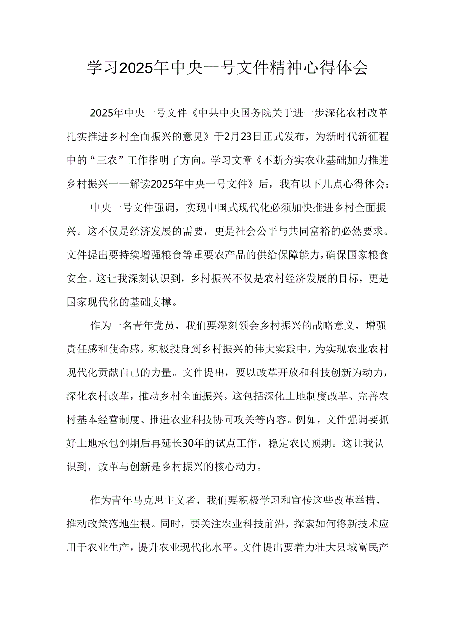 学习2025年中央一号文件精神心得体会 （合计4份）.docx_第1页