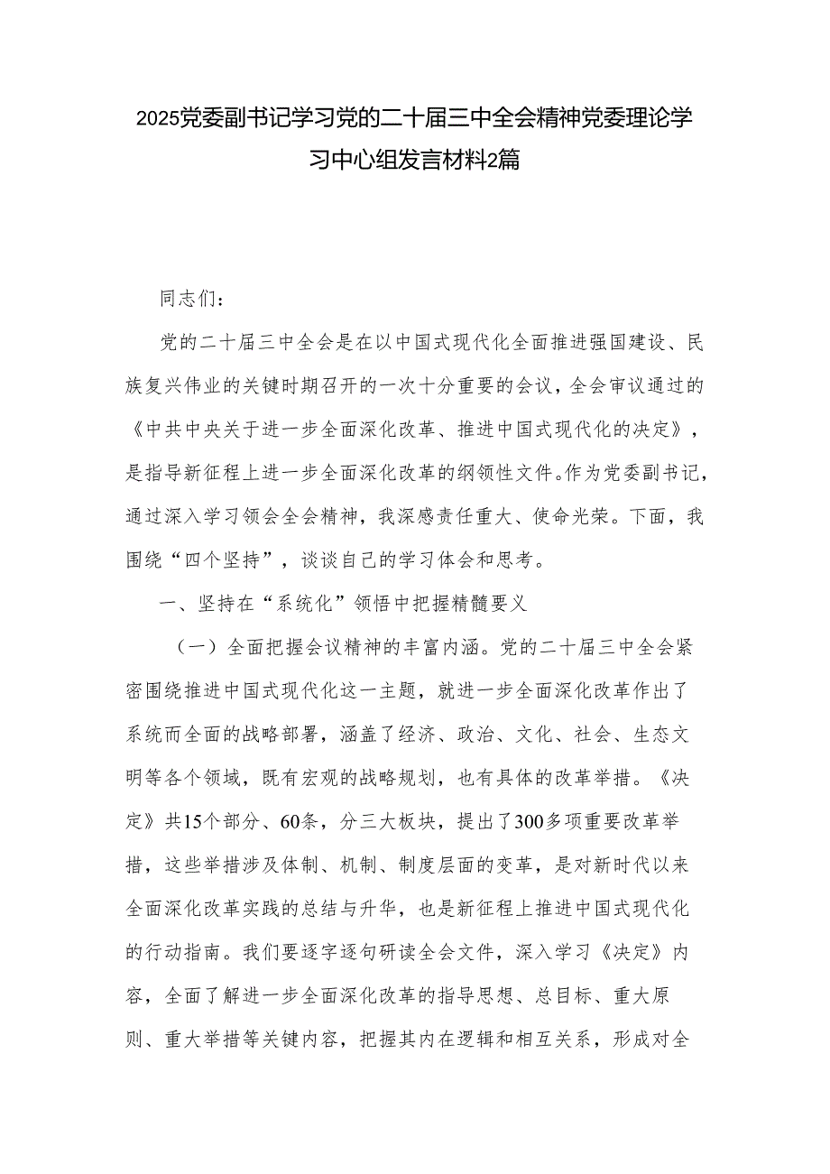 2025党委副书记学习党的二十三中全会精神党委理论学习中心组发言材料2篇.docx_第1页
