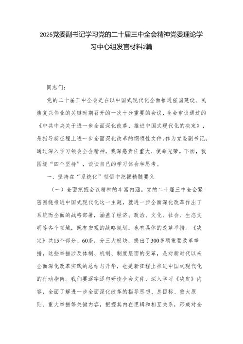 2025党委副书记学习党的二十三中全会精神党委理论学习中心组发言材料2篇.docx
