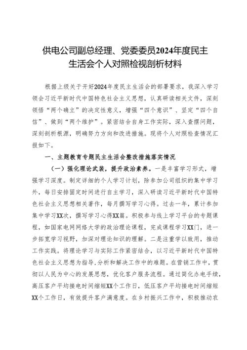 供电公司副总经理、党委委员2024民主生活会个人对照检视剖析材料.docx