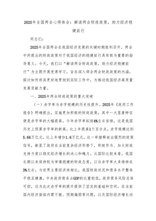 2025年全国两会心得体会：解读两会财政政策助力经济稳健前行.docx