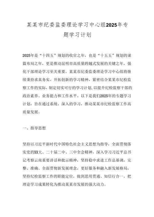 某某市纪委监委理论学习中心组2025年专题学习计划.docx