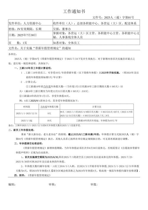 关于实施带薪年假管理规定的通知.docx