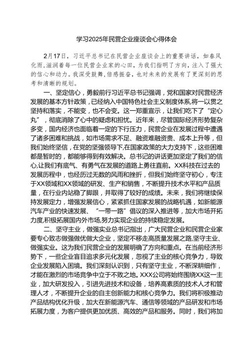 学习2025年民营企业座谈会心得体会【五篇精选】供参考.docx
