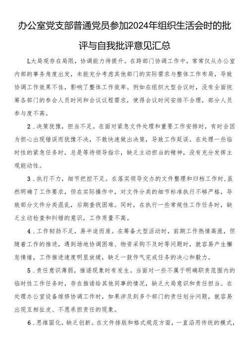 办公室党支部普通党员参加2024年组织生活会时的批评与自我批评意见汇总(1).docx