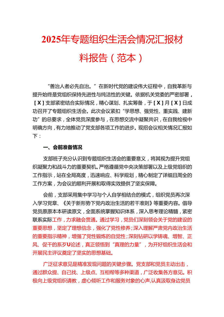 2025年专题组织生活会情况汇报材料报告（范本）.docx_第1页