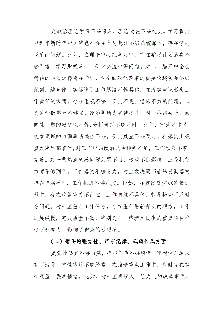 最新2024县直部门领导班子民主生活检查材料（四个带头）可编辑文档.docx_第3页