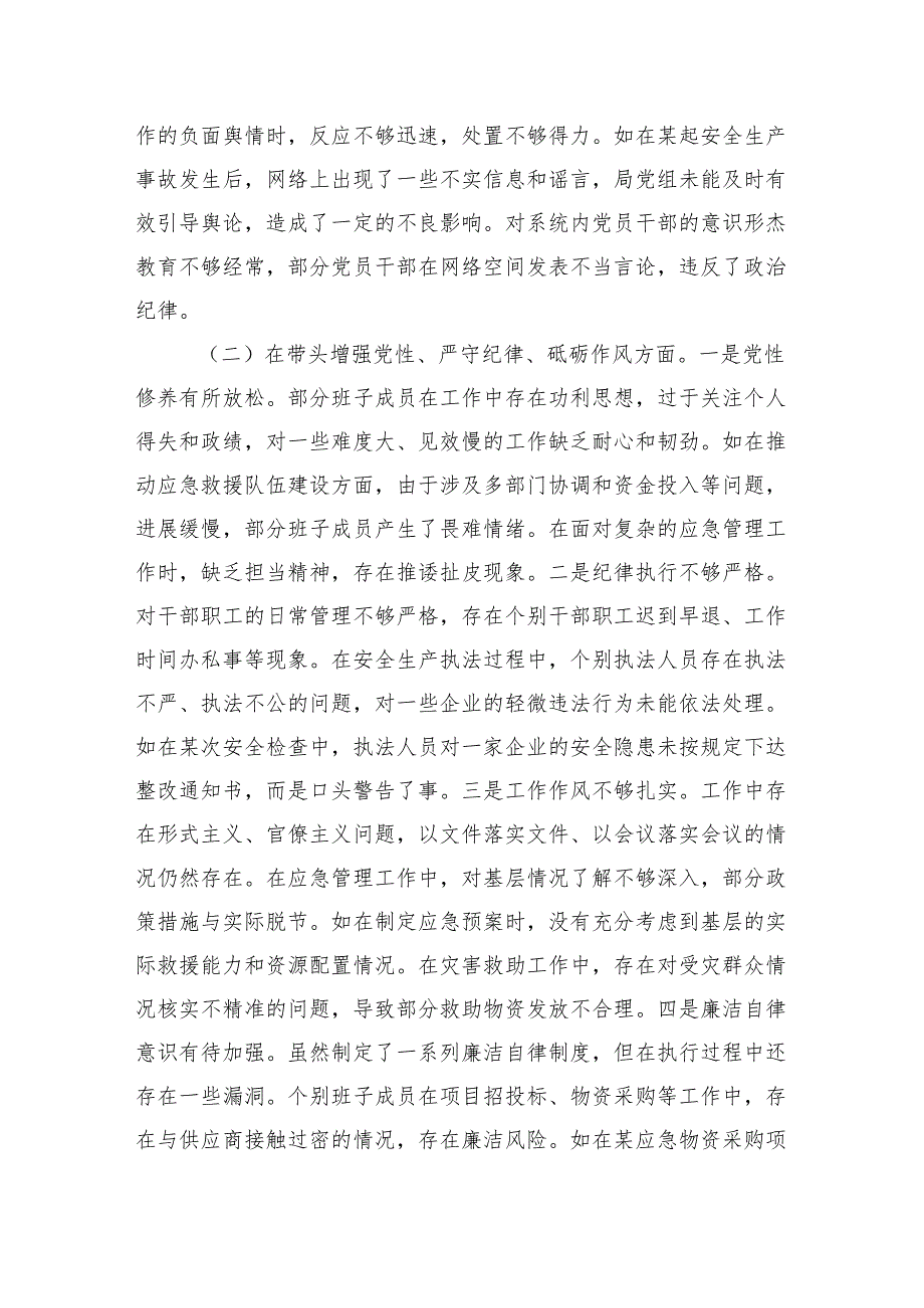 市应急管理局党组关于2024民主生活会领导班子对照检视剖析材料（5984字）生活会整改 四个带头 典型案例.docx_第3页