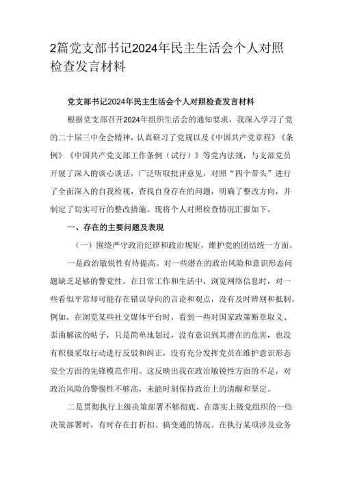 2篇党支部书记2024年民主生活会个人对照检查发言材料.docx