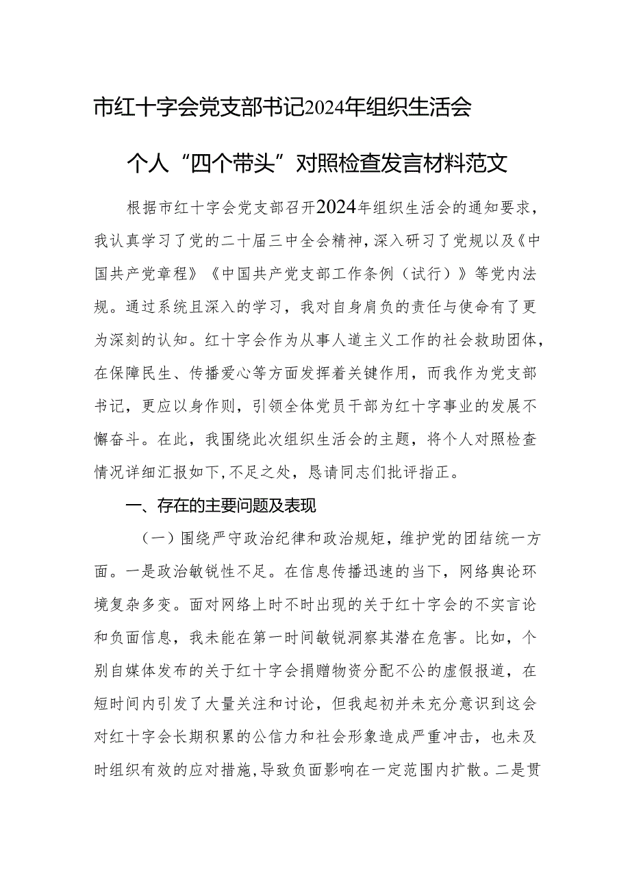 市红十字会党支部书记2024年组织生活会个人“四个带头”对照检查发言材料范文.docx_第1页