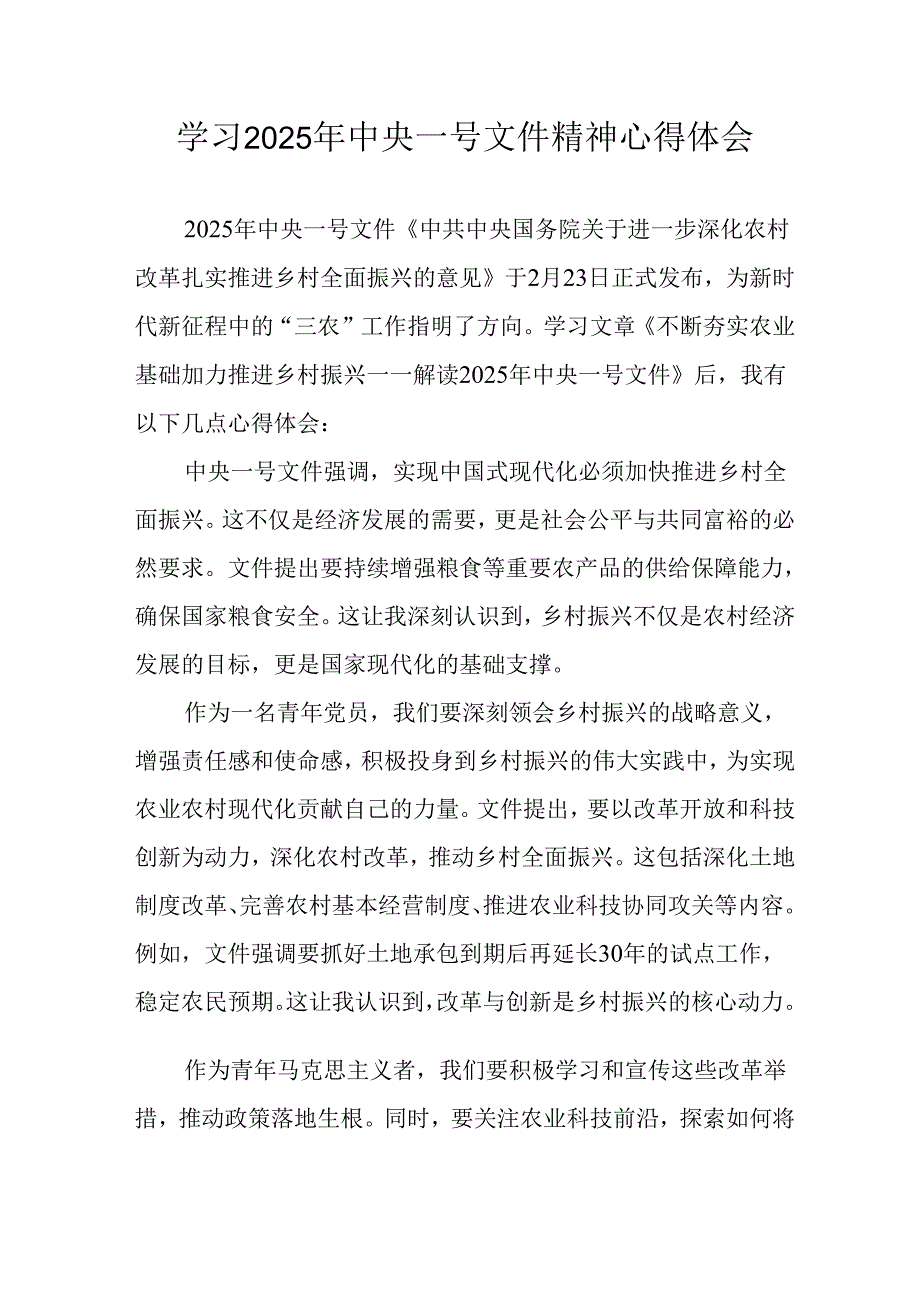 学习2025年中央一号文件精神心得体会 （4份）.docx_第1页