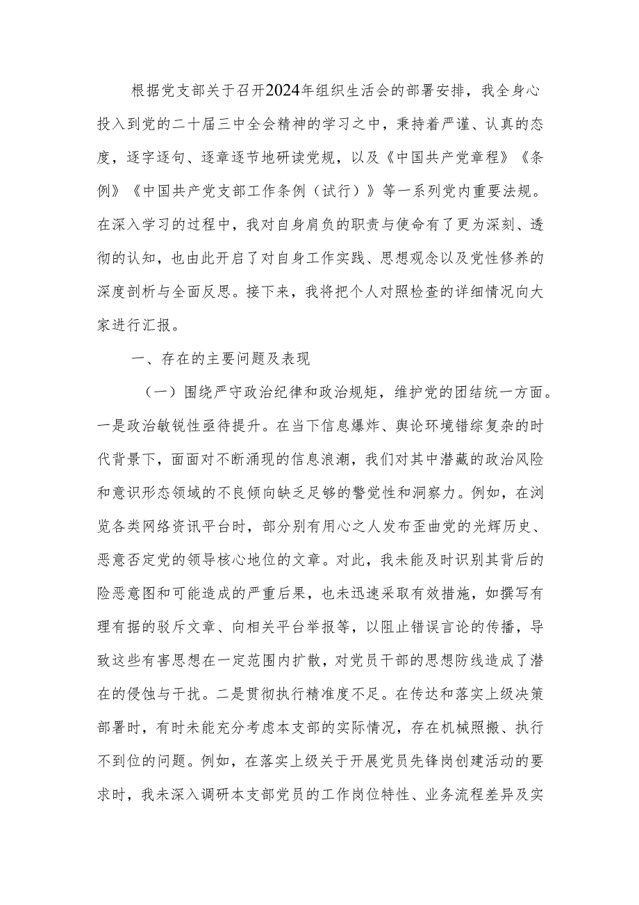 最新党支部副书记2024年组织生活个人四个带头检查发言材料word范文.docx_第1页
