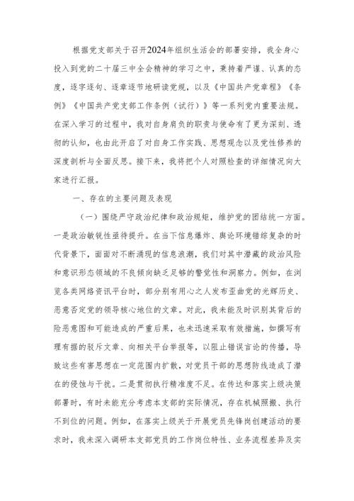 最新党支部副书记2024年组织生活个人四个带头检查发言材料word范文.docx