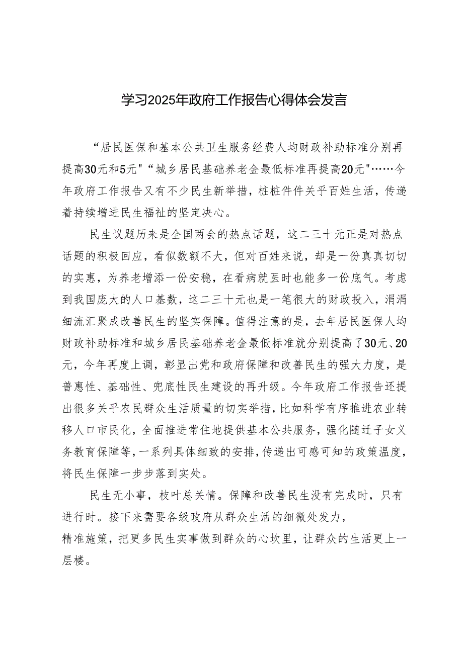 2025年学习政府工作报告心得体会研讨发言.docx_第1页