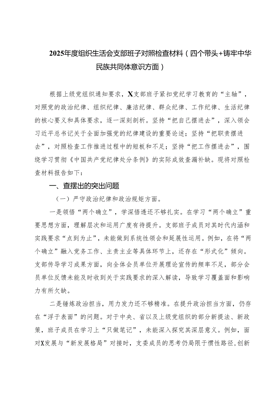 2025组织生活会支部班子对照检查材料（四个带头铸牢中华民族共同体意识方面）（6篇）.docx_第1页