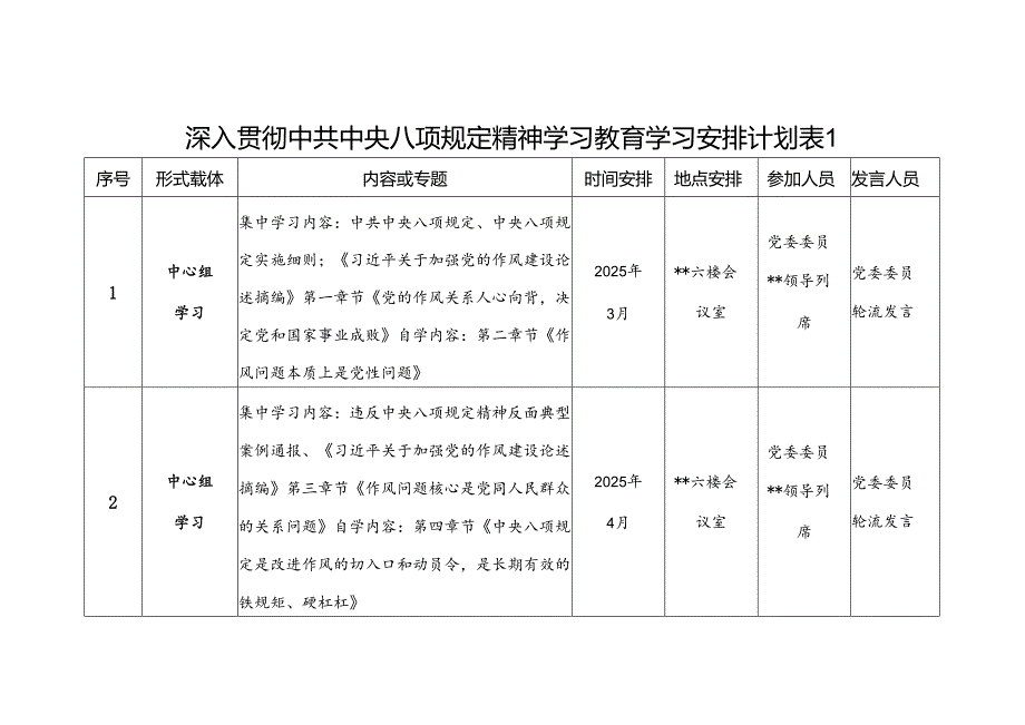 党支部主题党日2025年深入贯彻中共中央八项规定精神学习教育学习安排计划表.docx_第1页
