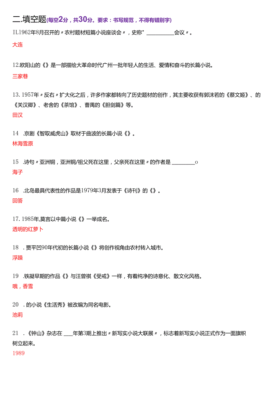 2021年1月国家开放大学汉语言文学本科《中国当代文学专题》期末纸质考试试题及答案.docx_第3页