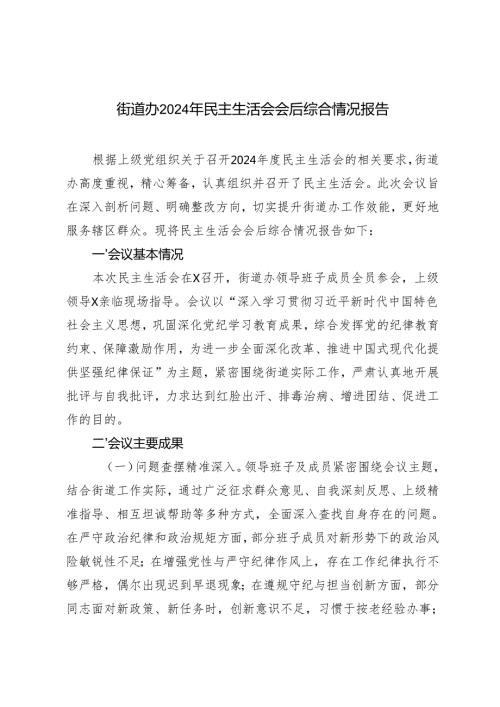 街道办20242025年民主生活会会后综合情况报告.docx